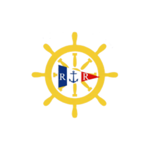 Logo régates de royan. Gouvernail en jaune avec en son milieu deux lettres R séparées par une ancre